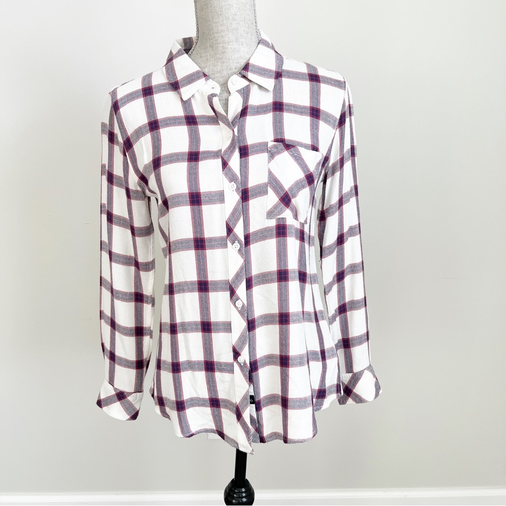 Rails Plaid Flannel Top Long Sleeve Button Down Shirt White Red Navy Blouse XS - Picture 4 of 17